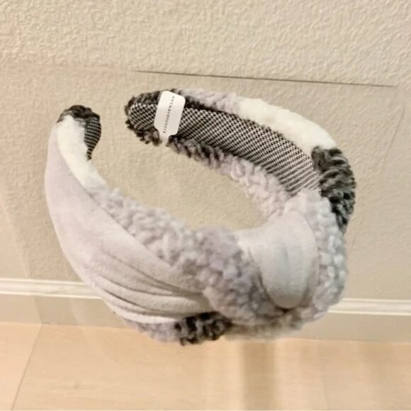 ? Anthropologie Black White Plaid Sherpa Fur Fuzzy Wide Knot Turban Headband